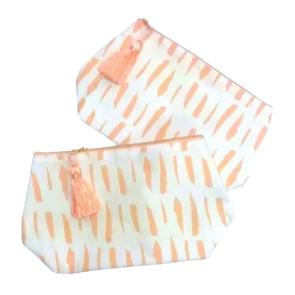 2 Nordstrom Beauty Cosmetic Makeup Travel Bag Peach & Beige Canvas with Tassel